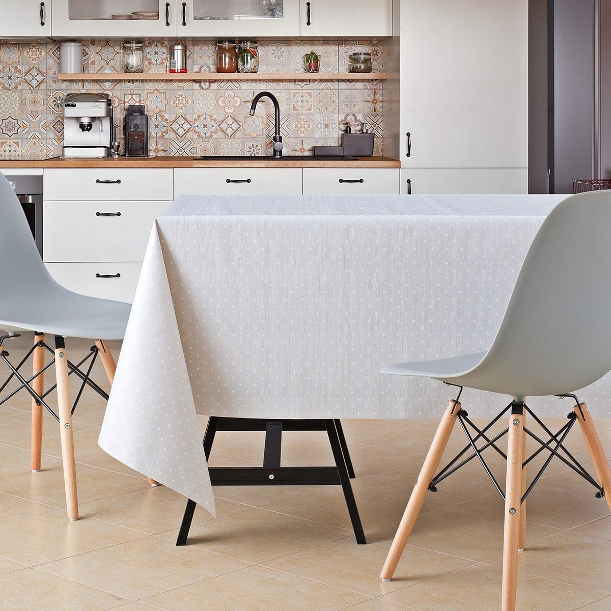 HOME Grijs retro tafelkleed met wit stippenpatroon, afwasbaar tafelkleed, pvc, rechthoekig, 250 x 140 cm, 8 zitplaatsen, gestippelde stippen vinyl tafelzeil, onderhoudsvriendelijk