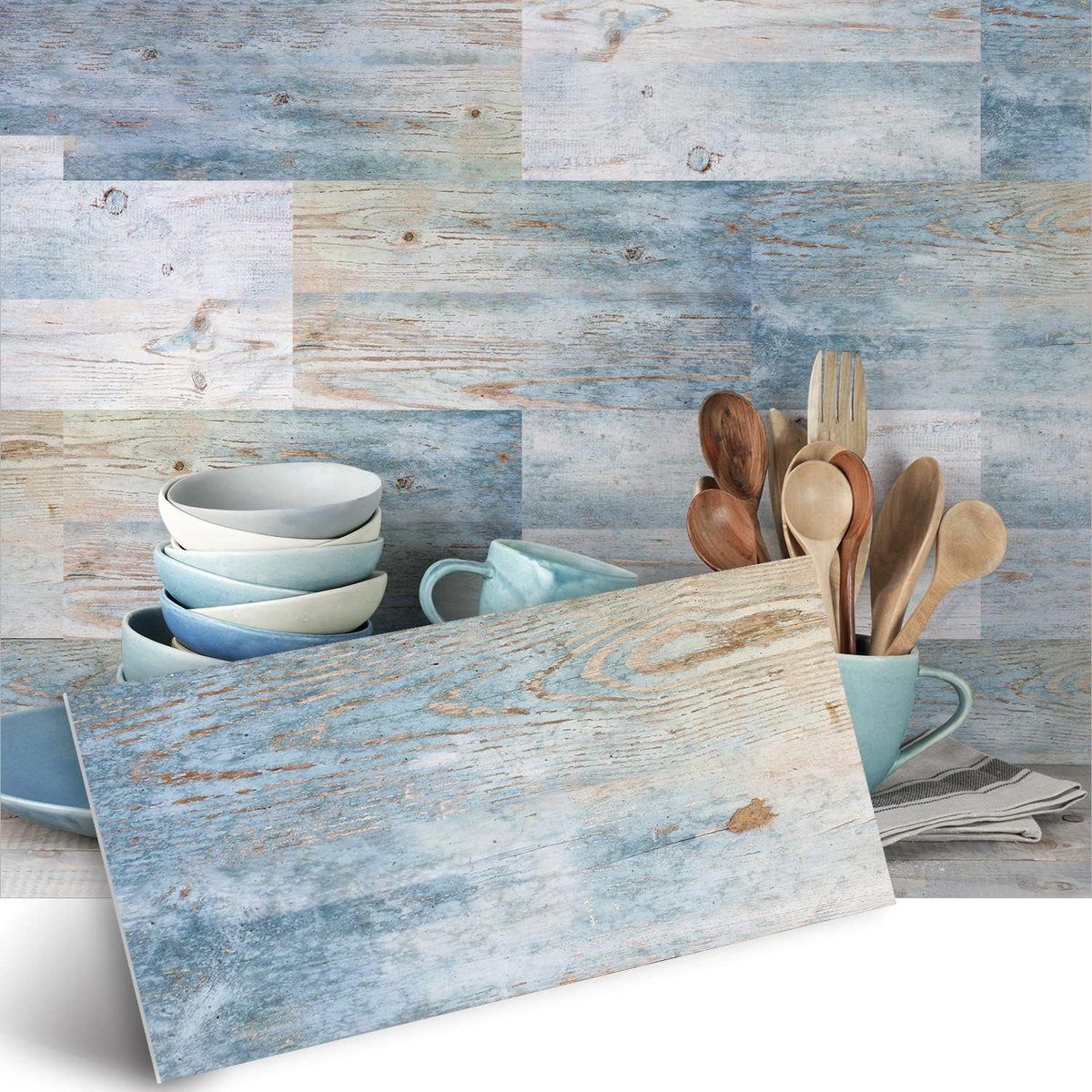 vinyl vloer of muur tegelsticker, antislip tegel stickers met plakkende achterkant voor keuken, badkamer. Zelfklevende pel-en-plak PVC vloer sticker doe-het-zelf, blauw (Blue Coastal Wood), 30 x 15 cm x 12 stuks set