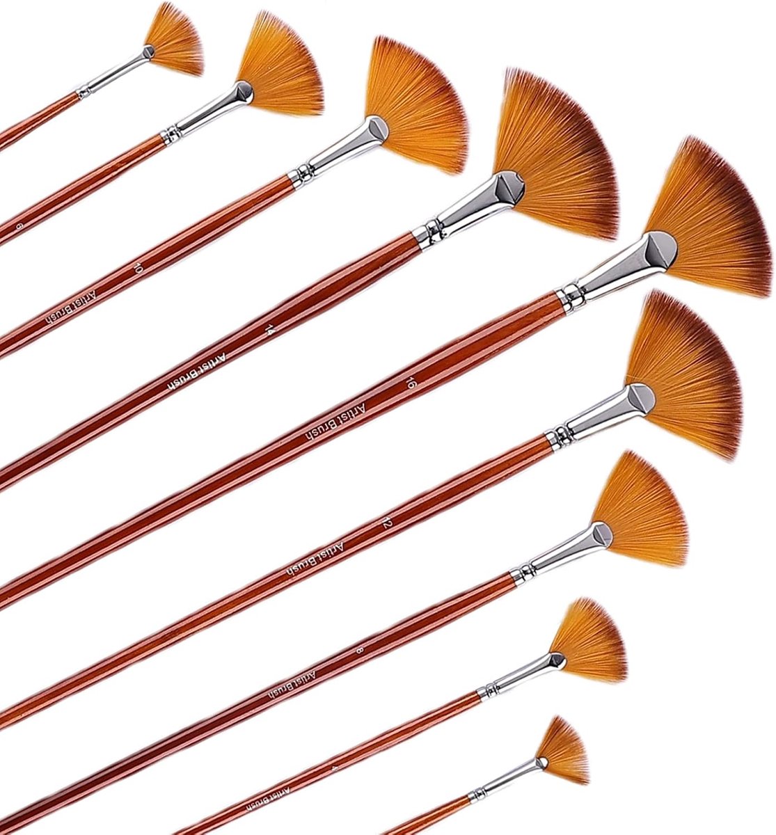 Fan Paint Brush Set van 9 stuks, professionele kunstenaar acryl aquarel olieverfschilderij borstels met lange houten handgrepen, anti-afstotend nylon haar