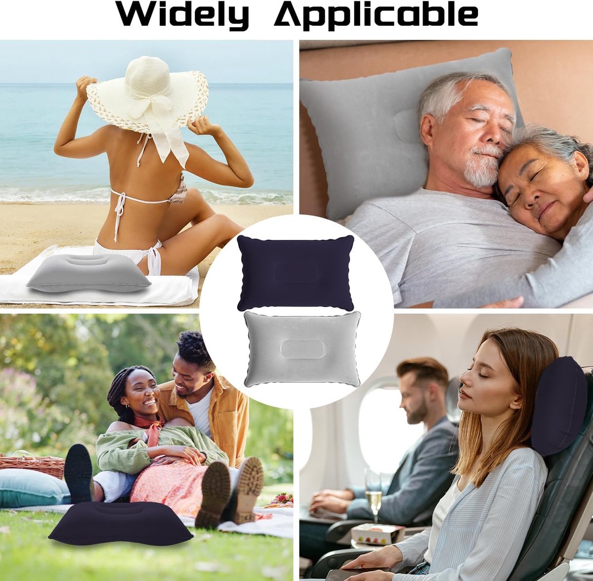 2 opblaasbare kussens, verstelbare stevigheid, ultralicht en compact voor camping, reizen, vliegtuig, auto, bed, kantoor, strand, zonnebaden en vissen - 22x34 cm (Grijs & Paarsblauw)