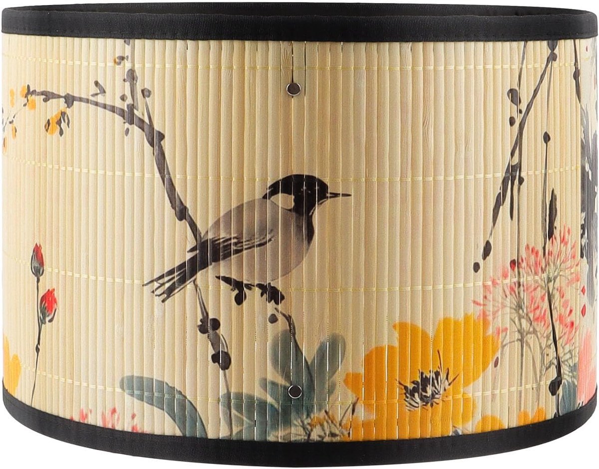 29,9 cm Bamboe Drum Lampenkap - Natuurlijk Bloemenprint Ontwerp, Clip-On Bevestiging voor Tafel- & Vloerlampen, Boho Slaapkamer & Woonkamer Decoratie (Geel)