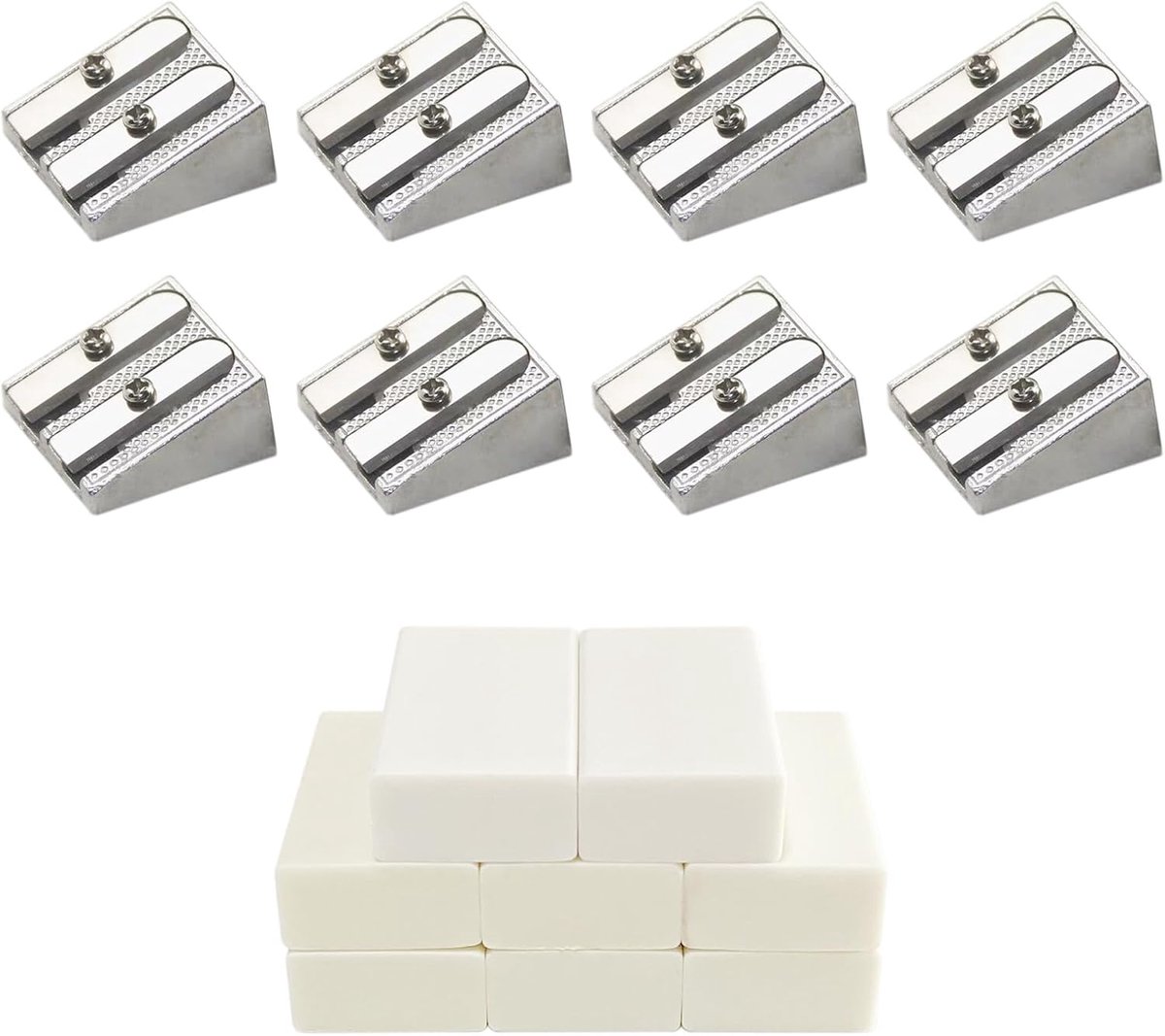 SnelShoppen - 16Delige Metalen Potloodslijper en Gum Set, 8Stuks Dubbel Gat Potloodslijpers & 8Stuks Gummen voor Thuis, School, Kantoor