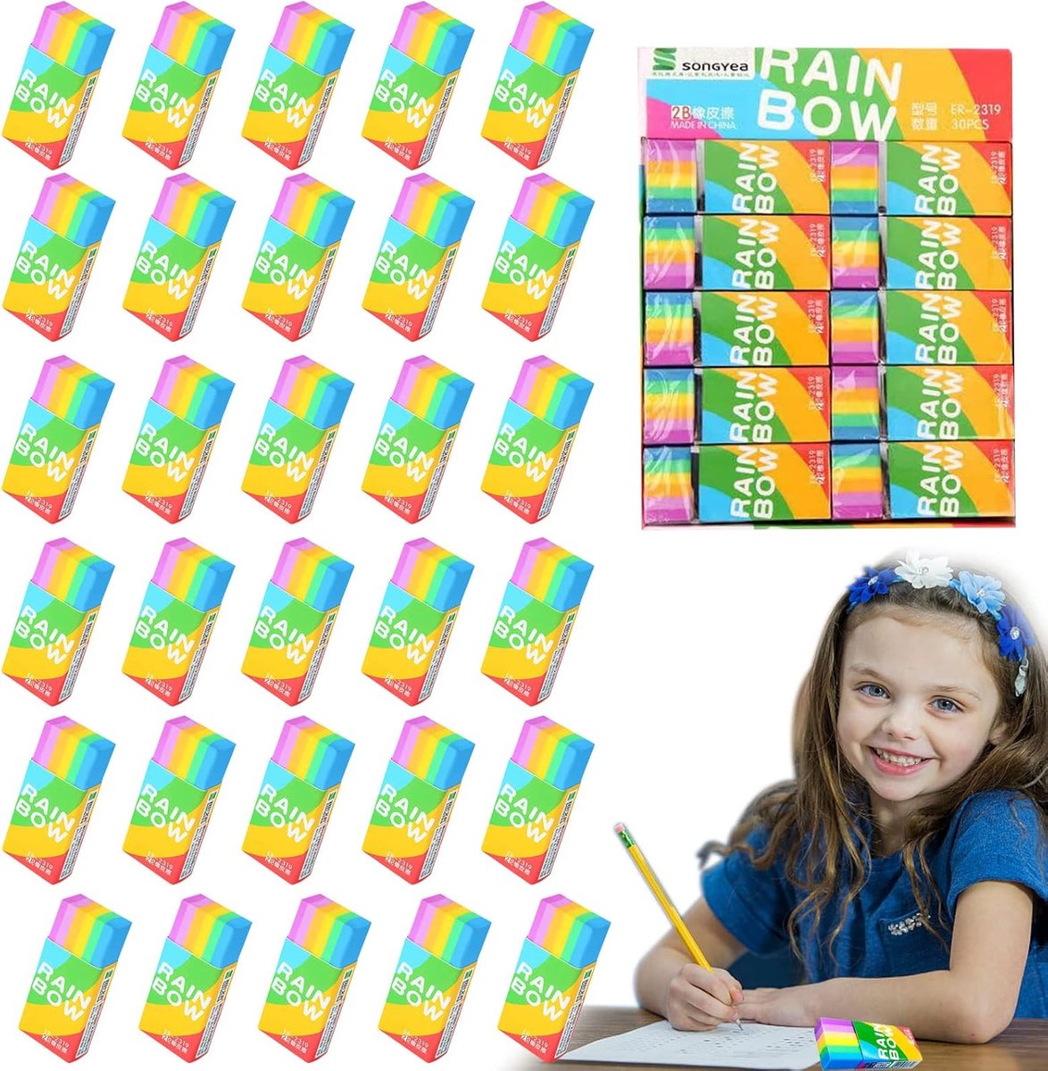 SnelShoppen - 30 Stuks 2B Gummi, Regenboog Zachte Gum, Duurzame Witte Plastic Gum, Grote Gum voor Kinderen, Gum Set voor School, Kantoor, Schetsruimte