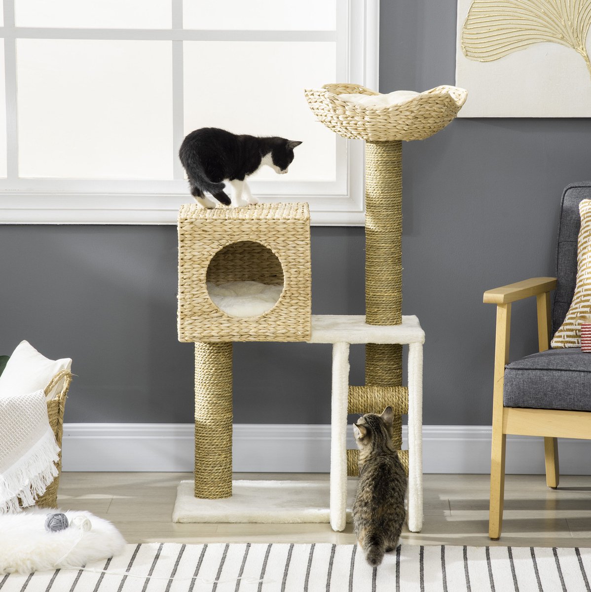 COVREO Krabpaal 57 x 37 x 100,5 cm naturel, van hout met kattenhuis