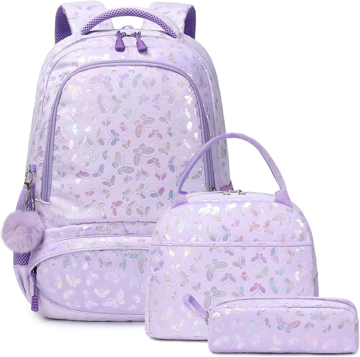 Schooltassen voor meisjes glitter rugzak regenboog schooltas set eenhoorn rugzak voor kinderen rugzak meisjes dagelijkse tas voor school, reizen, Pluche vlinder paars, 30x15.7x40 CM, Rugzak voor
