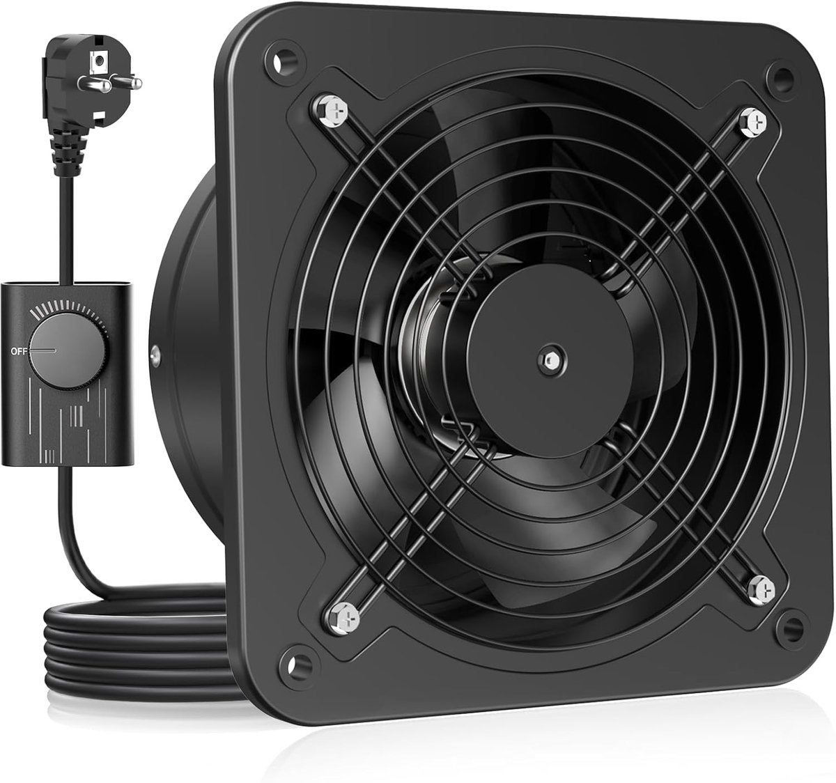 Power Afzuigventilator 200mm - 980m³/h Badventilator Stil met terugloopklep, snelheidsregelaar, stekker, 53.5W Industriële wandventilator voor keuken, badkamer, garage, kelder, zwart