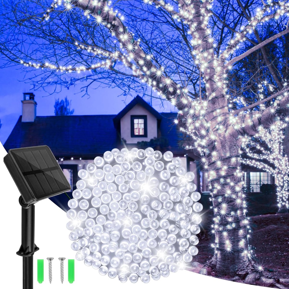 Lichtsnoer op zonne-energie, voor buiten, 14 m, 120 leds, koudwit, lichtketting op zonne-energie, voor buiten, weerbestendig, 8 modi, outdoor, lichtketting op zonne-energie voor tuin,