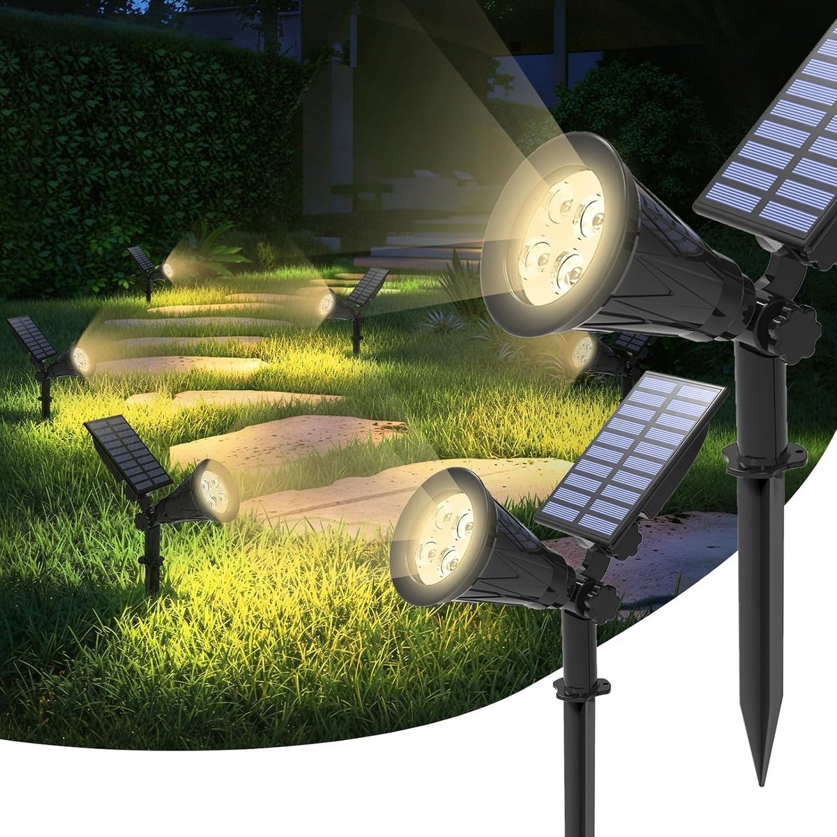 Upgraded solarlampen voor buiten in de tuin, 2 stuks solarspots tuinverlichting, IP65 waterdicht, draadloos, 4000 K, warmwit, heldere tuinverlichting op zonne-energie voor binnenplaats, terras