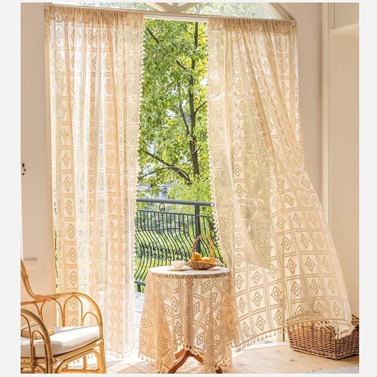 shop Boho Gordijnen, Vintage Landhuisstijl, Kanten Gordijnen, Beige Gordijnen met Kwast, Katoen, Transparant Gordijn voor Keuken, Woonkamer, Slaapkamer, B 150 x H 240 cm (Pakket van 2)