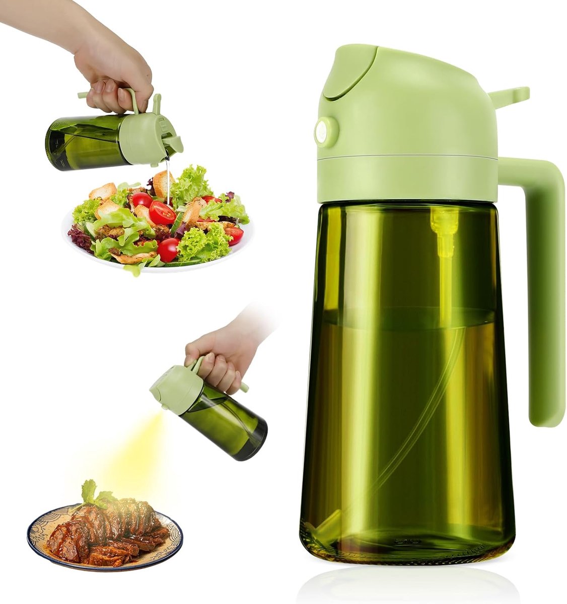 2-in-1 oliesproeier, 470 ml, donkere oliesproeier met UV-bescherming, olieverstuiver, groene glazen flessen voor koken, salade, grillen, bakken