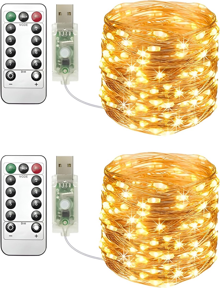 SnelShoppen - USB Fairy Lights 2 Pack, 10M Warm 100LED Koperen Draad Sfeerverlichting met Afstandsbediening, 8 Verlichtingsmodi, Dimbaar & Timer voor