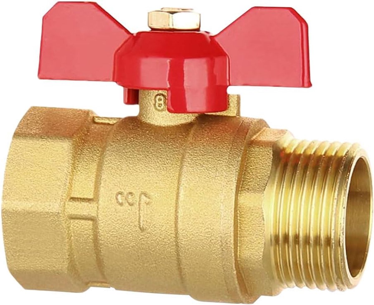 Kogelkraan 1 inch, waterafsluitkraan messing met rode vleugelgreep 1 inch buitendraad/binnendraad DN25 PN16 afsluitventiel voor waterleidingen, waterkraan tuin