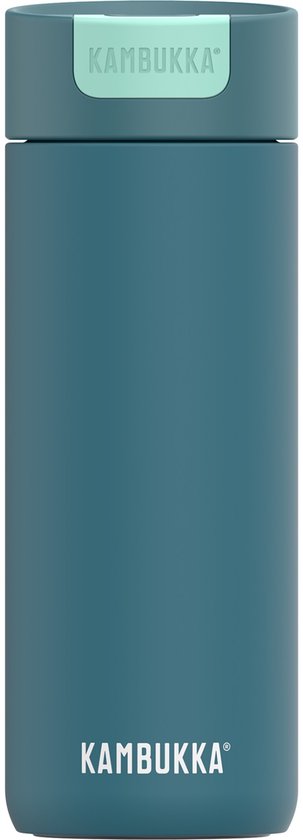Kambukka thermosbeker in peacock blue met mintgroen deksel met logo.