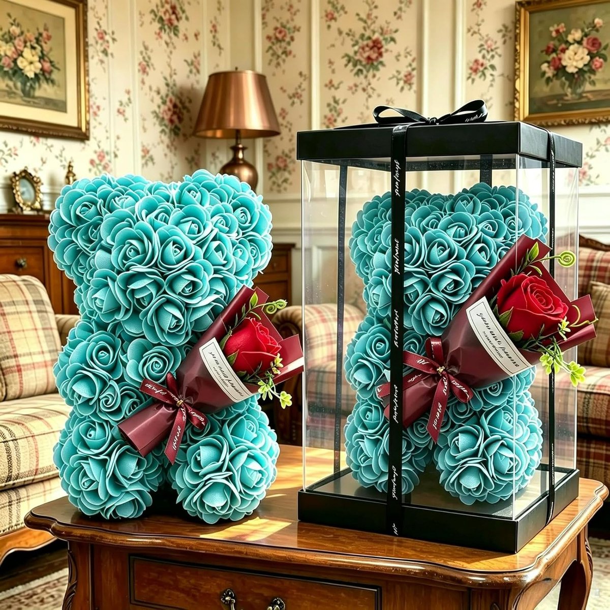 Rozenbeer met geschenkdoos, kunstmatige teddybeer, rozenbloem beer, voor grootouders, dames, groen
