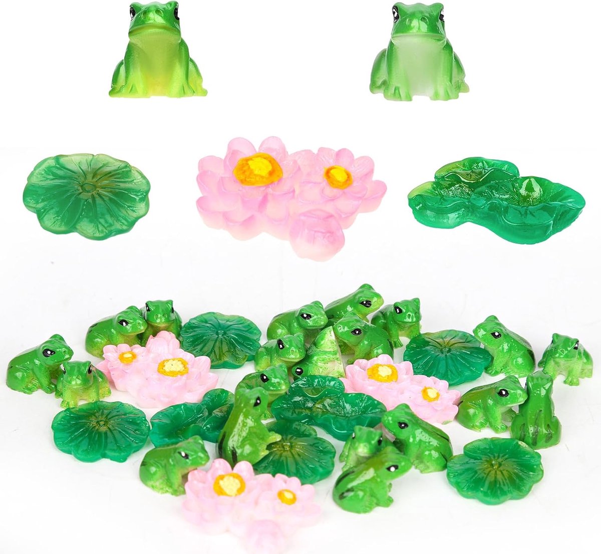 20 Stuks Mini Harskikkers met 7 Lotusbladeren en 3 Miniatuur Lotusbloemen, Realistische Schattige Groene Kikkerbeeldjes Kleine Harskikkers voor Doe-Het-Zelf-Handwerk Poppenhuis Tuindecoratie