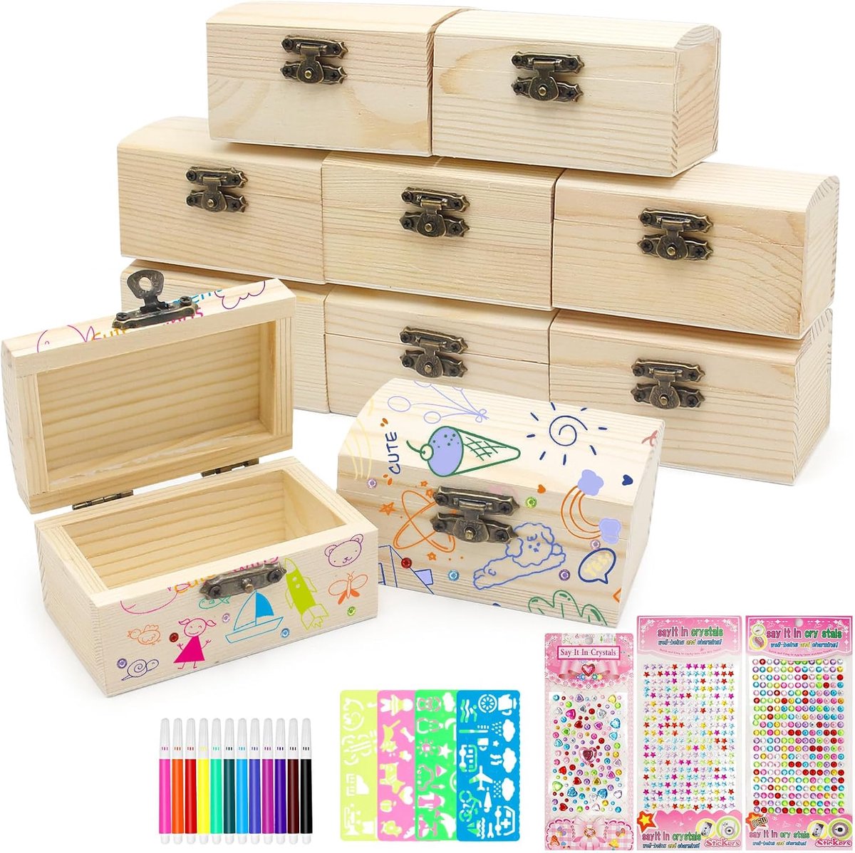 10 stuks schatkist kinderverjaardag, mini-schatkist van hout om te beschilderen, incl. kleurpotloden en diamantstickers - ideaal voor kinderverjaardag, piratenfeest, knutselprojecten en