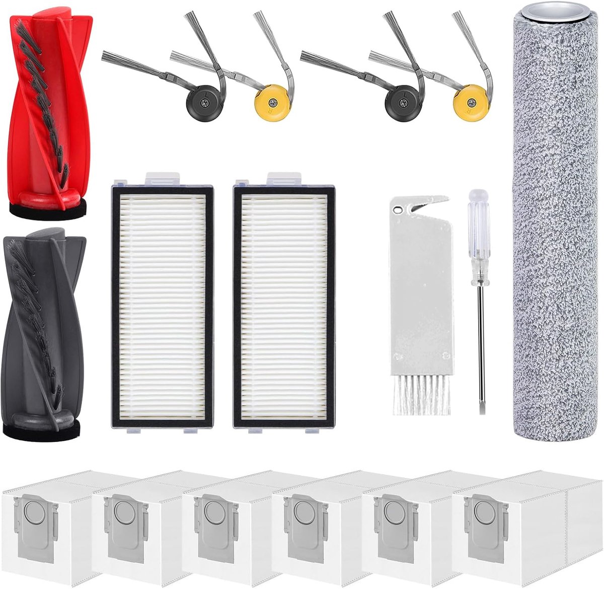 Accessoires voor Roborock Qrevo Curv 2 Flow stofzuiger, 1 hoofdborstel, 2 HEPA-filters, 6 stofzuigerzakken, 1 rolmop, 4 zijborstels, 1 borstel
