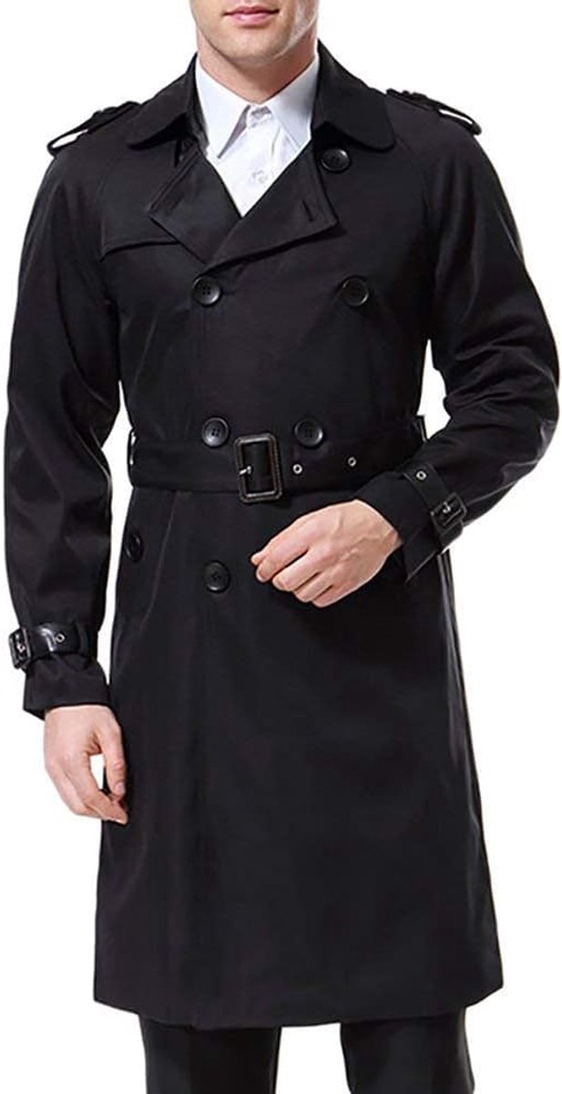 Trenchcoat voor heren, lang, slim fit, dubbele rij mantel in militaire stijl, trenchcoat met riem, herfst en lente