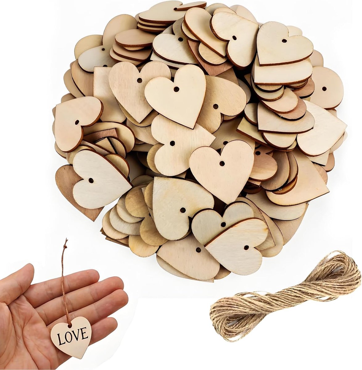 100 stuks klein hart van hout, decoratie hart van hout, om op te hangen met 10 m koord, houten schijf om te schilderen met gat, beschrijfbare natuurlijke houten schijf voor decoratie, schilderen