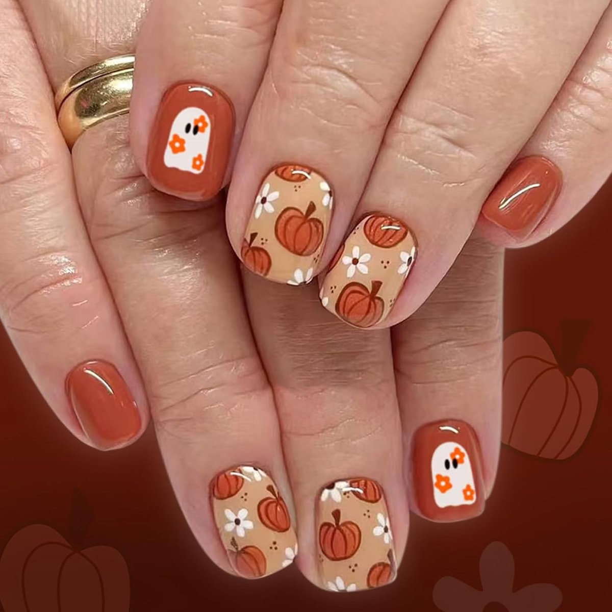 24 stuks nagels om op te plakken kort hoekig, French Tips Press on Nails oranje pompoen valse nagels met schattige bloemen en geest, acryl full cover kunstnagels voor vrouwen meisjes nail art