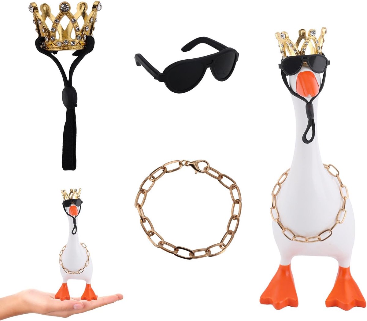 Desk Goose-Outfitset, Bureaublad Ganzenkleding met Kristallen Tiara Kroon Ketting Zonnebril voor 17,78 cm Ganzenbeeld