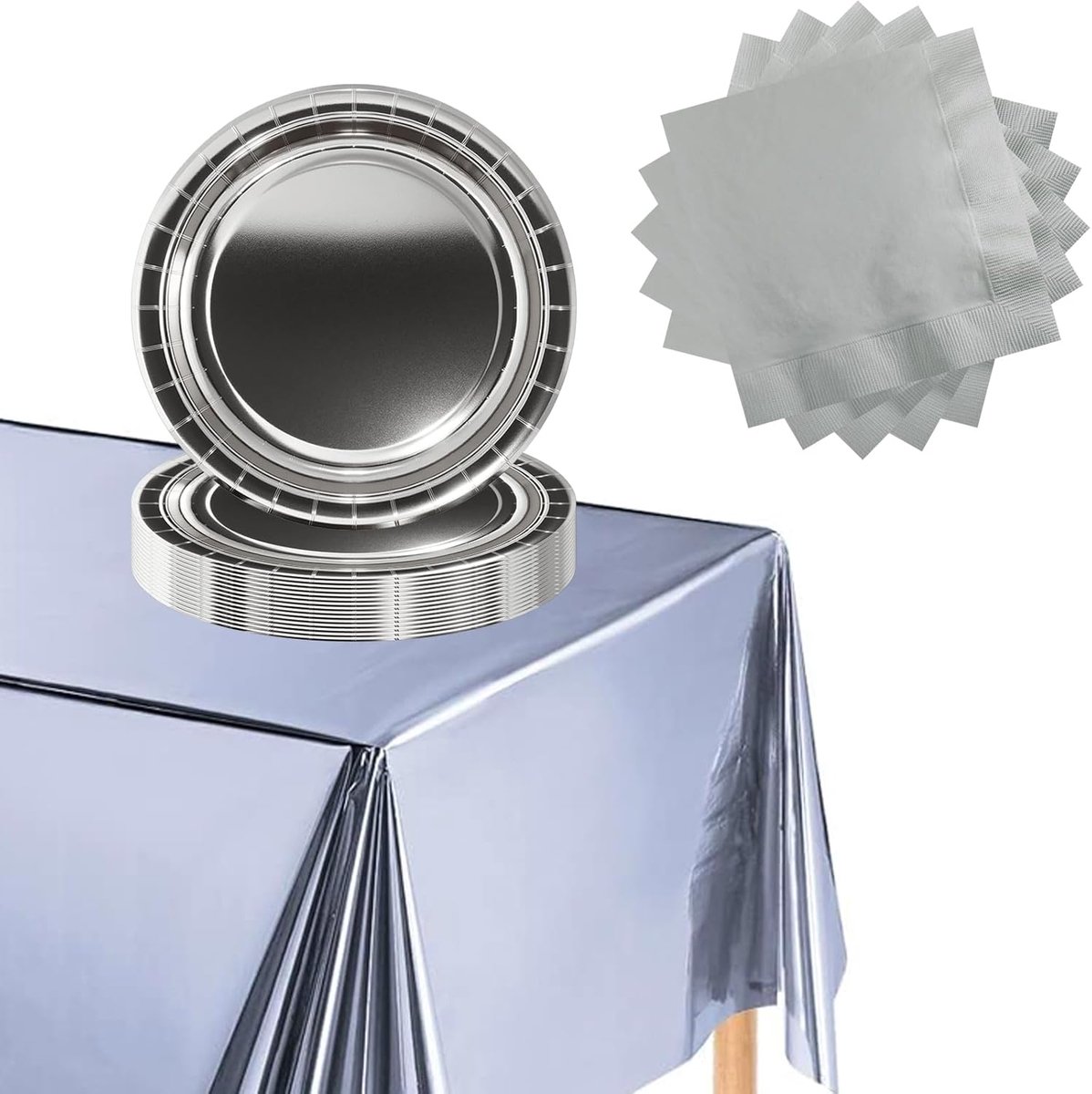 37-delige set zilveren metallic folie feestservies, zilverfolie dinerset, zilverfolie tafelkleed, zilveren papieren borden, servetten voor verjaardag, kerst, bruiloft, Valentijnsdag