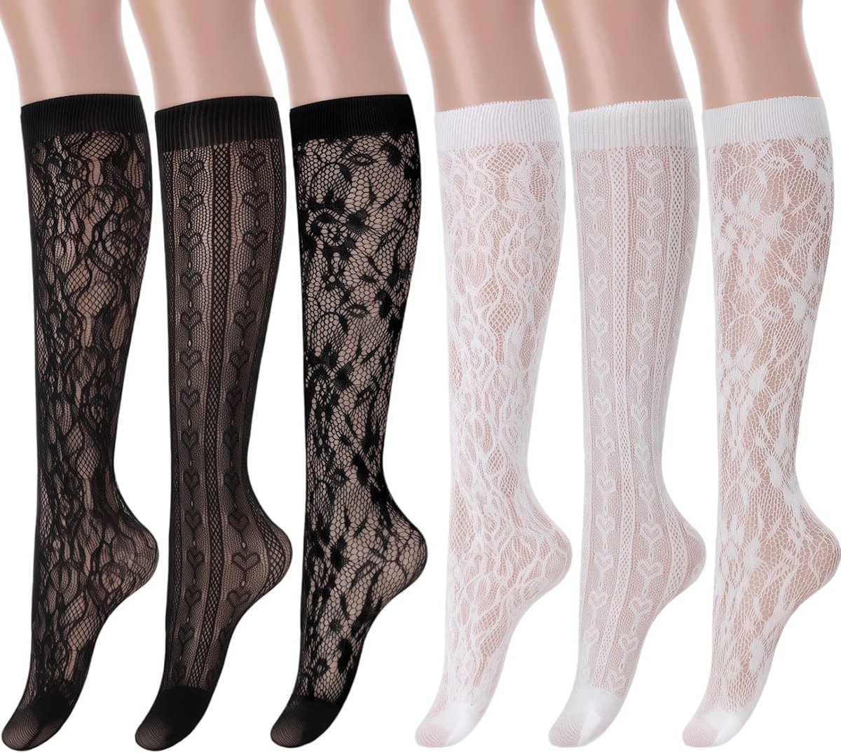 Kniehoge Sokken, 6 Paar Dames Netkousen, Stijlvolle Kanten Kousen, Visnet Kniekousen met Gatpatroon voor Dames