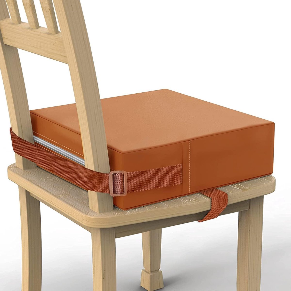 stoel voor kinderen, PU wasbaar, sterke ondersteuning, antislip onderkant, dubbele veilige riem, zitverhoging, eetkamer, peuter, draagbaar reiskussen (bruin)