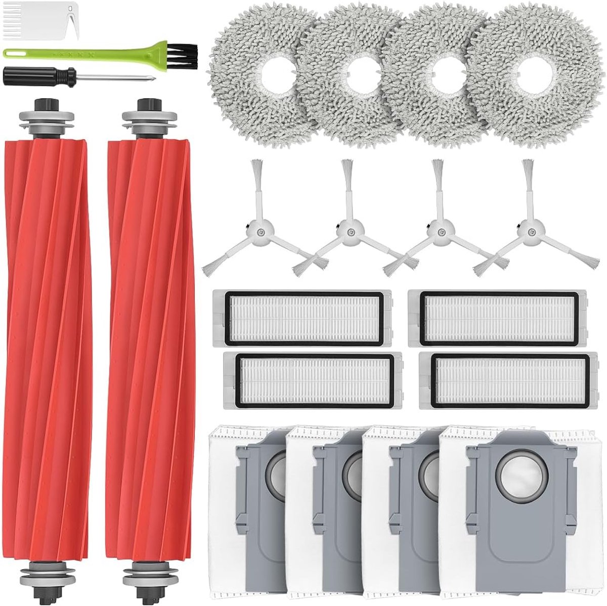 accessoireset voor Roborock Qrevo robotstofzuiger, 2 reserveonderdelen hoofdborstel, 4 reinigingsdoeken, 4 stofzakken, 4 Hepa-filters, 4 zijborstels
