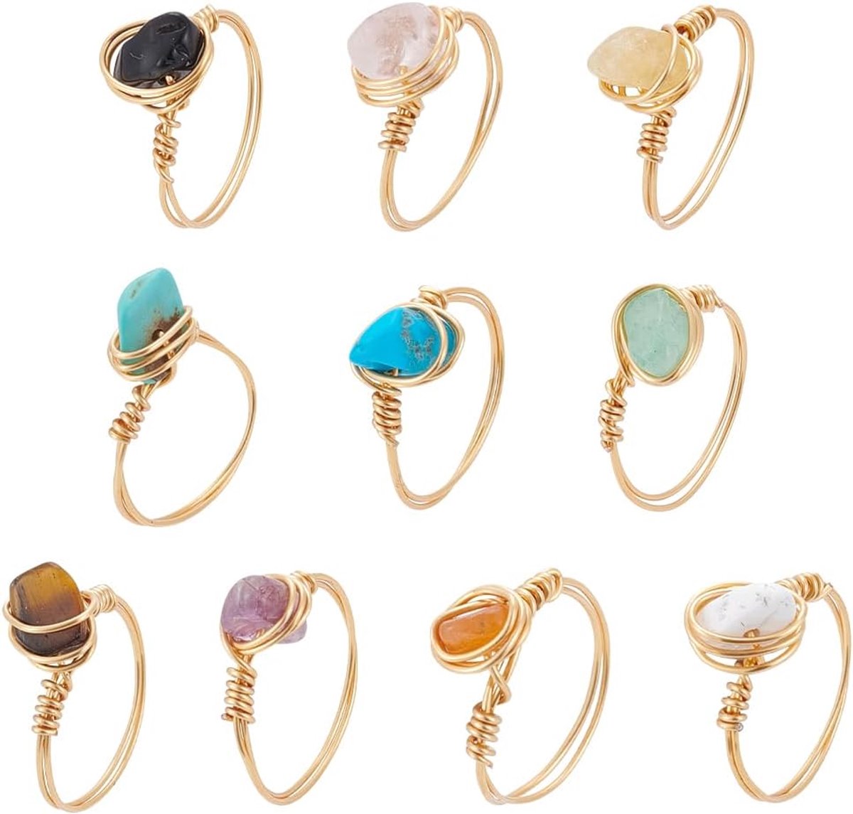 Ringen, 10 stijlen, verstelbare edelsteenring, met koperdraad, onregelmatige gekleurde edelsteenringen voor dames