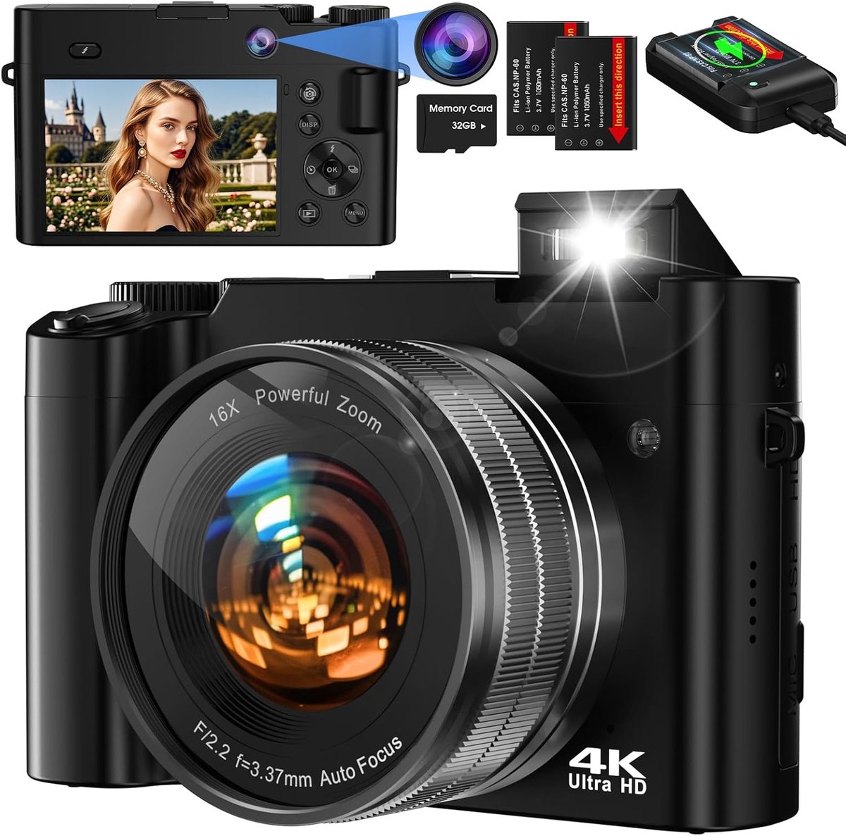 SnelShoppen - Digitale Camera 64MP Vlogging Camera met Autofocus en Dubbele Camera's, 4K Compacte Fotocamera met 32G Geheugenkaart en 16x Digitale Zoo