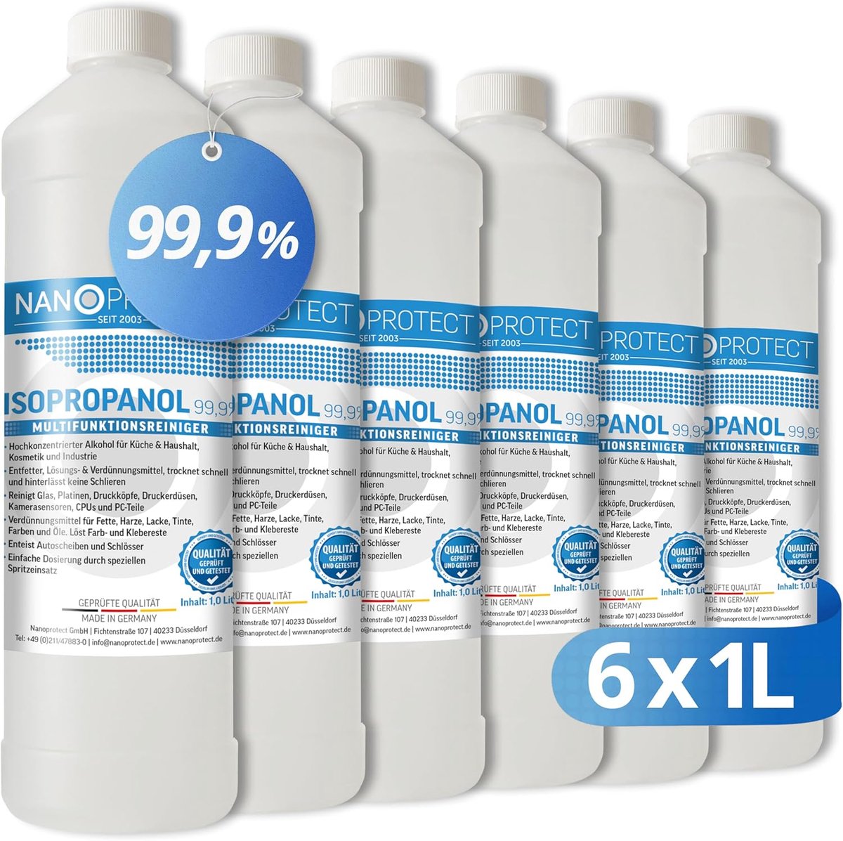 SnelShoppen - Nanoprotect Isopropanol 99.9% | 6 x 1 Liter Alcoholreiniger, Multifunctionele Schoonmaker, Hoog Percentage Isopropyl Alcohol voor Thuis,