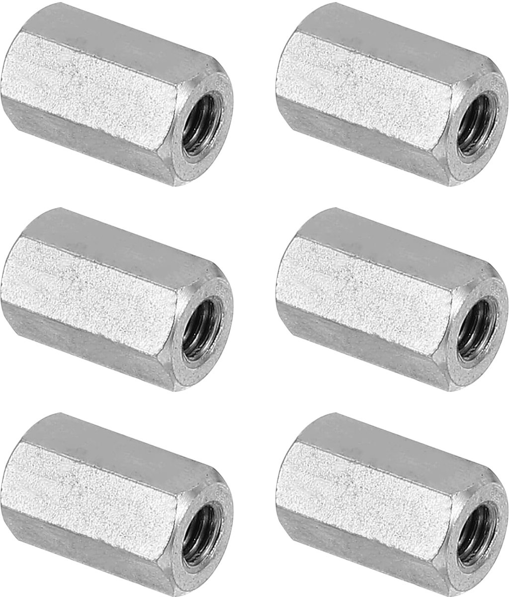 M4 x 0,7-pitch 304 roestvrij stalen zeskantige koppelingsmoeren, 6 stuks 12 mm/0,5 inch lengte, grove volledige schroefdraad verbindingselementen, zilverkleurig