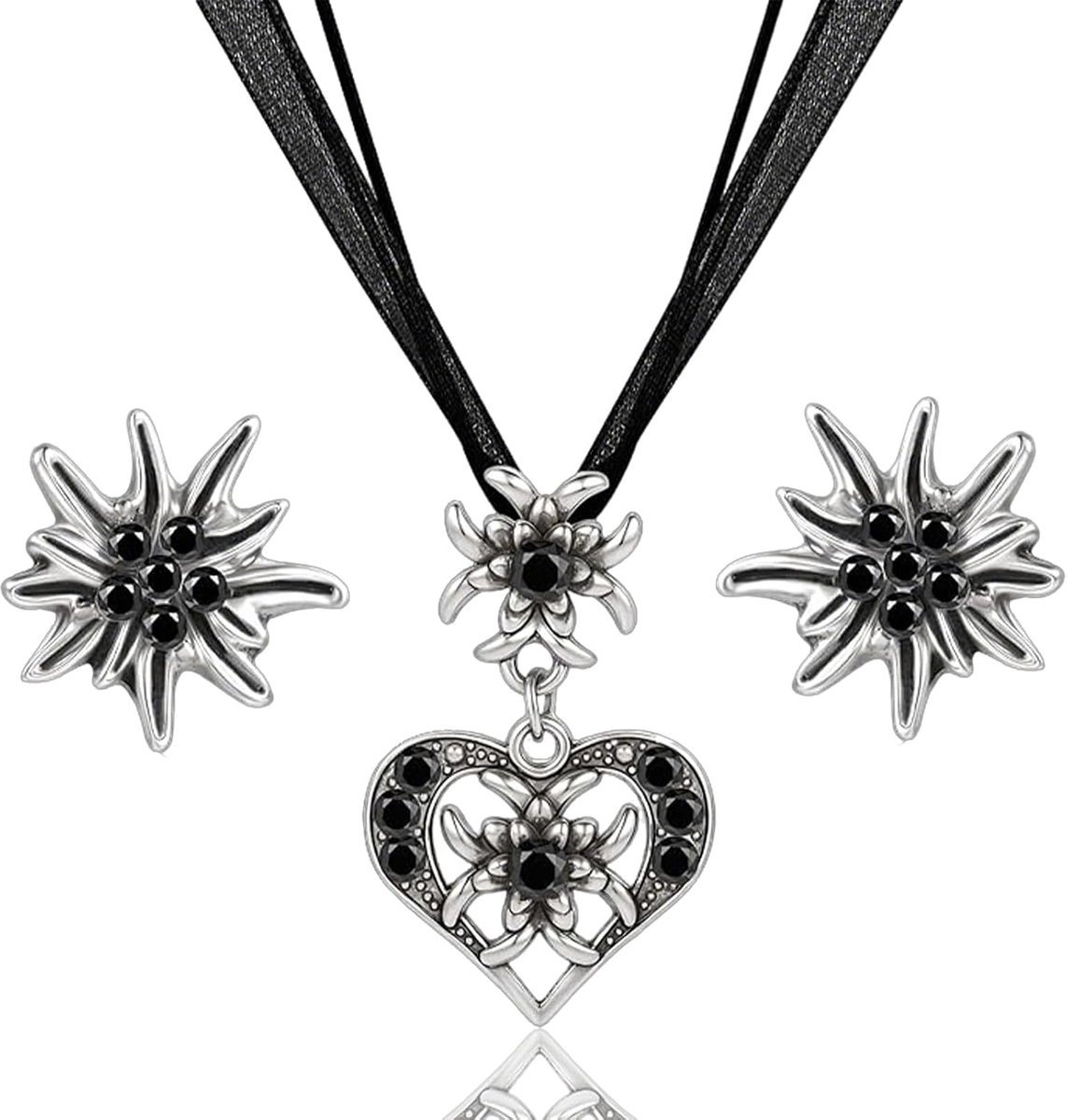 3 stuks klederdrachtsieraden voor dames, traditionele Beierse sieraden, Sieradenset van Edelweiss halsketting met hartvormige hanger, Beierse dirndl-sieraden klederdrachtketting met strass