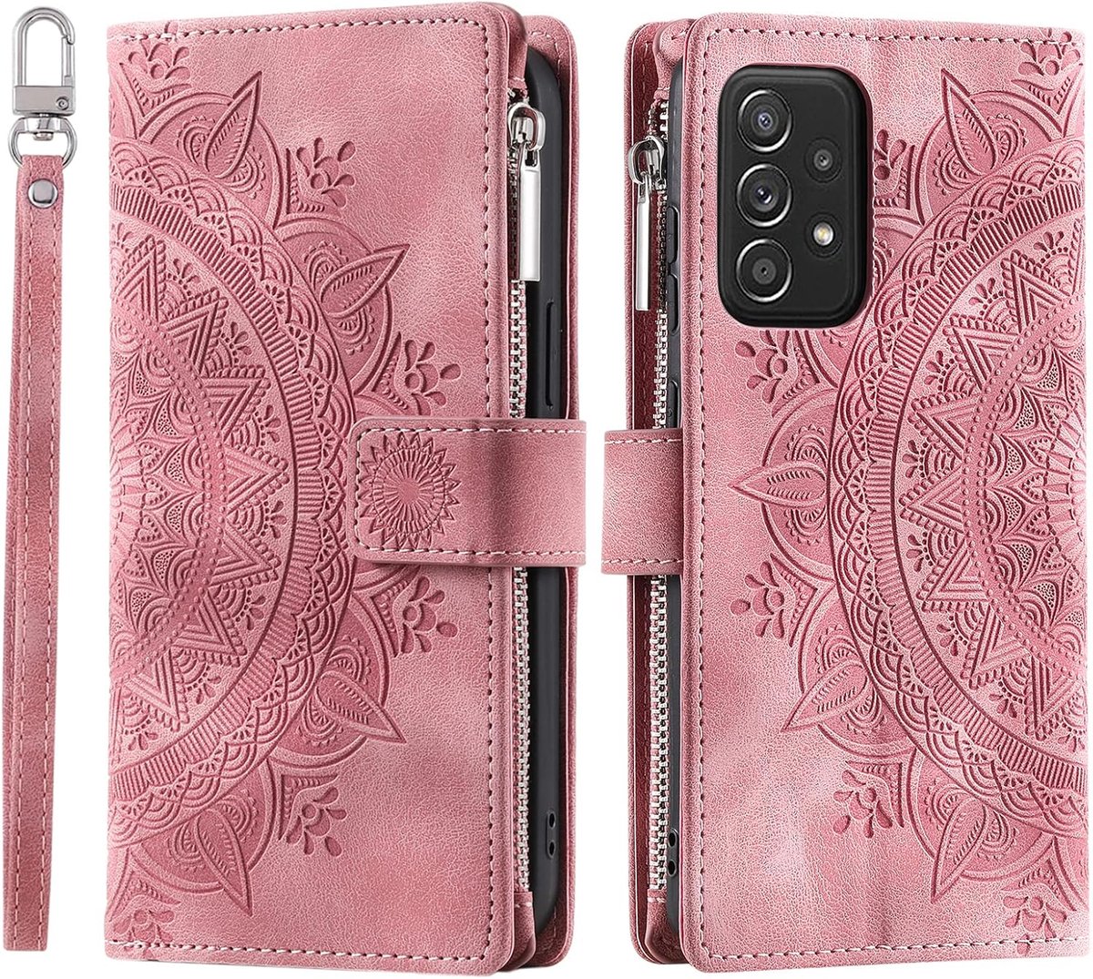 Hoes voor mobiele telefoon voor Samsung A53 5G, klaphoes met bloemenmotief, beschermhoes, klaphoes, met kaartenvak, mobiele telefoon, bookcover, flipcase, standaard, roze