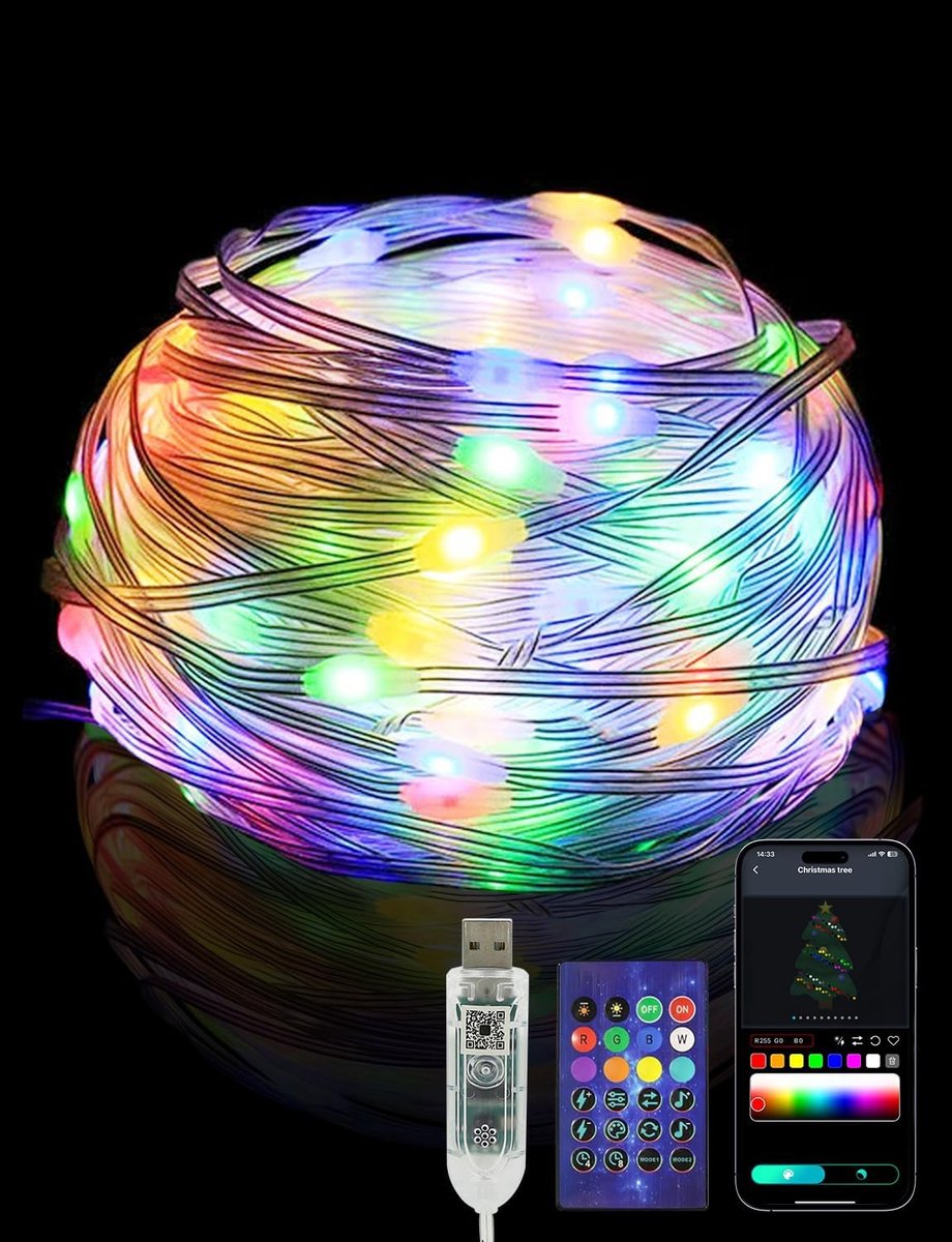 Lichtsnoer 10 m, 100 leds, RGB, stroomvoorziening via USB, app-bediening/afstandsbediening, muzieksynchronisatie, wifi/bluetooth-USB-lichtketting voor tuin, bruiloft, Halloween, Kerstmis, balkon