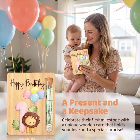 Simsky Geldgeschenk 1e verjaardag jongen, houten kaart met reageerbuis, leeuwenmotief, grappig cadeau 1 jaar jongen, houten wenskaart geldverpakking decoratieve set 13x10cm voor neef, kleinkind zoon — afbeelding 2