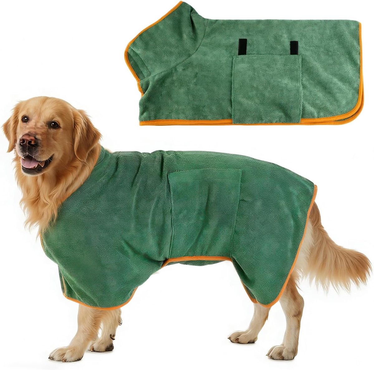 SnelShoppen - Hondendroogbadjas & Handdoek Microvezel Sneldrogend Absorberend Verstelbare Kraag en Taille Donkergroen XL voor Honden na Bad, Zwemmen o