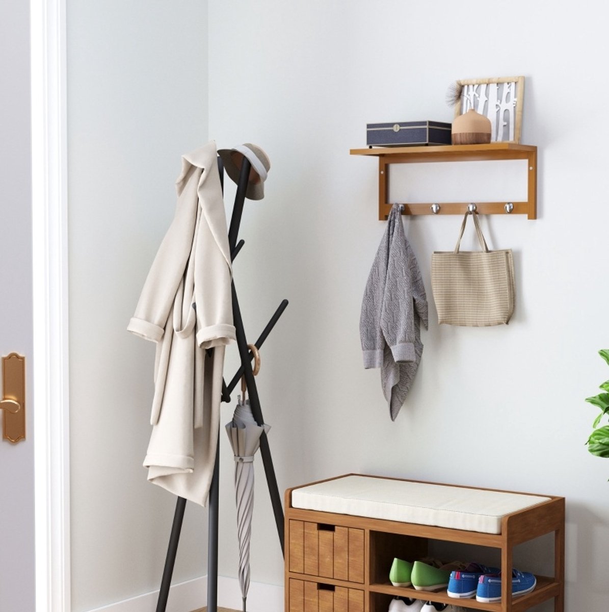 COVREO Wandgarderobe 50 x 16 x 17,5 cm naturel, bamboe met 4 haken