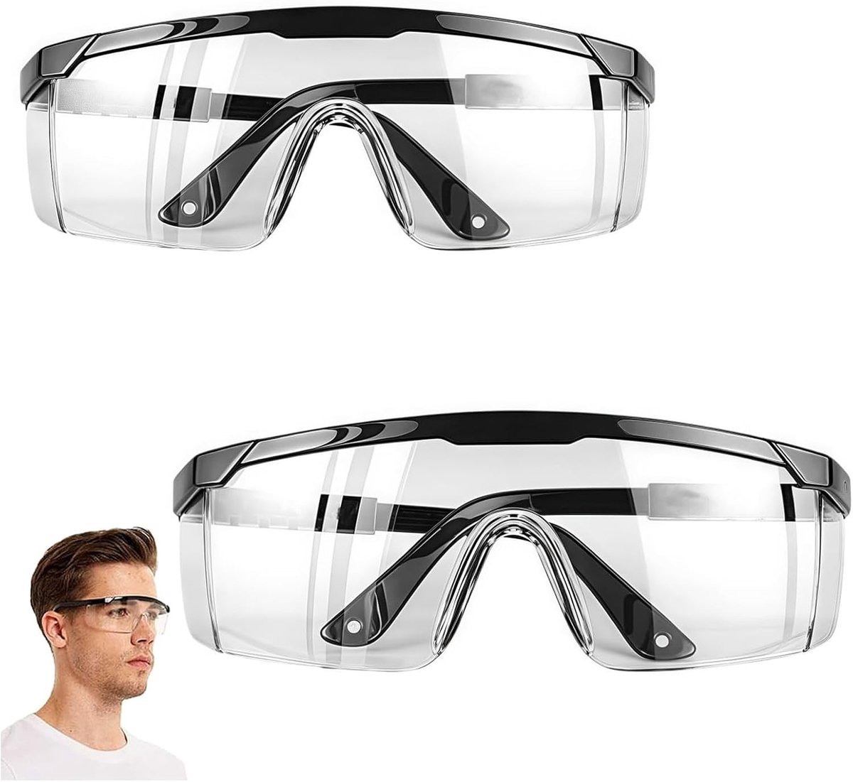 Transparante Veiligheidsbril Set van 2, Antifog Veiligheidsbril met Verstelbare Steunen voor Brildragers, Ideaal voor Bescherming en Comfort