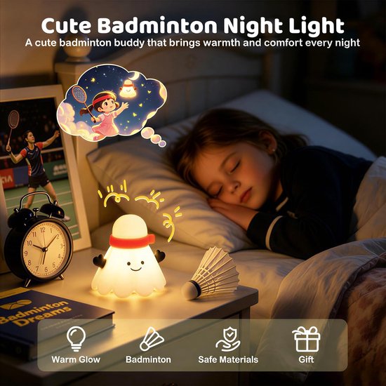 Badminton-nachtlampje voor Kinderen - Hanglampje Siliconen - Instelbare Helderheid, 7 Kleuren, BPA-vrij Siliconen, Oplaadbaar via USB (4-58 uur), met Ophanglusje voor de Kinderkamer [Energieklasse A++] — afbeelding 3