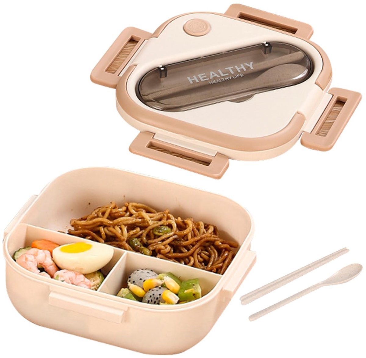 Omgoods- Bento Box 1300 ml - Kunststof - 3 Compartimenten - Lekvrij - Magnetronveilig - Goede Afdichting - Afmetingen 19 x 19 x 7 cm - Lunchbox