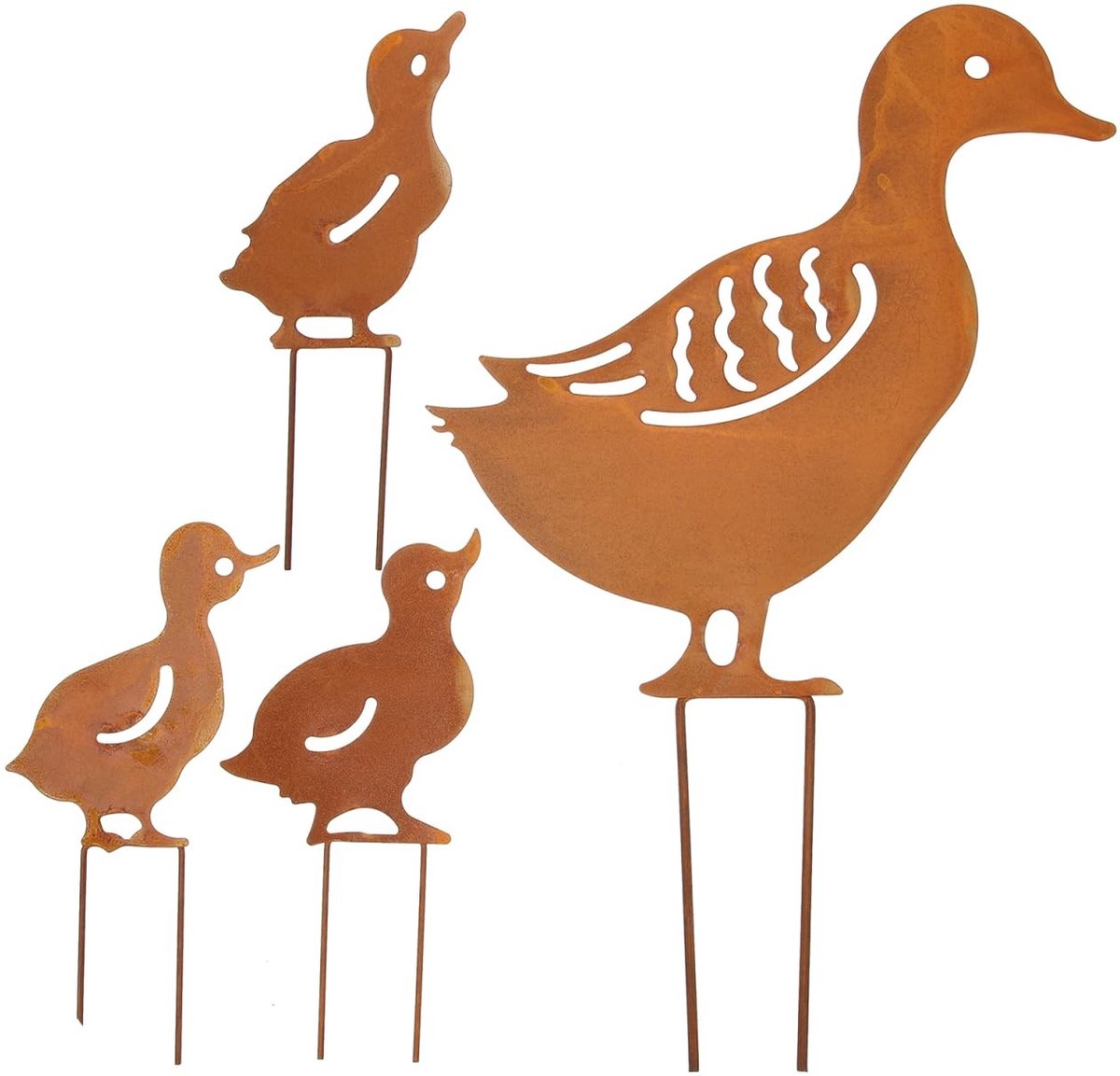 Omgoods- Tuinsteker Eendenfamilie - Tuindecoratie - Roestig Metaal - Decoratie voor Pasen - Duurzaam Tuinfiguur - Geschikt voor Tuin en Gazon