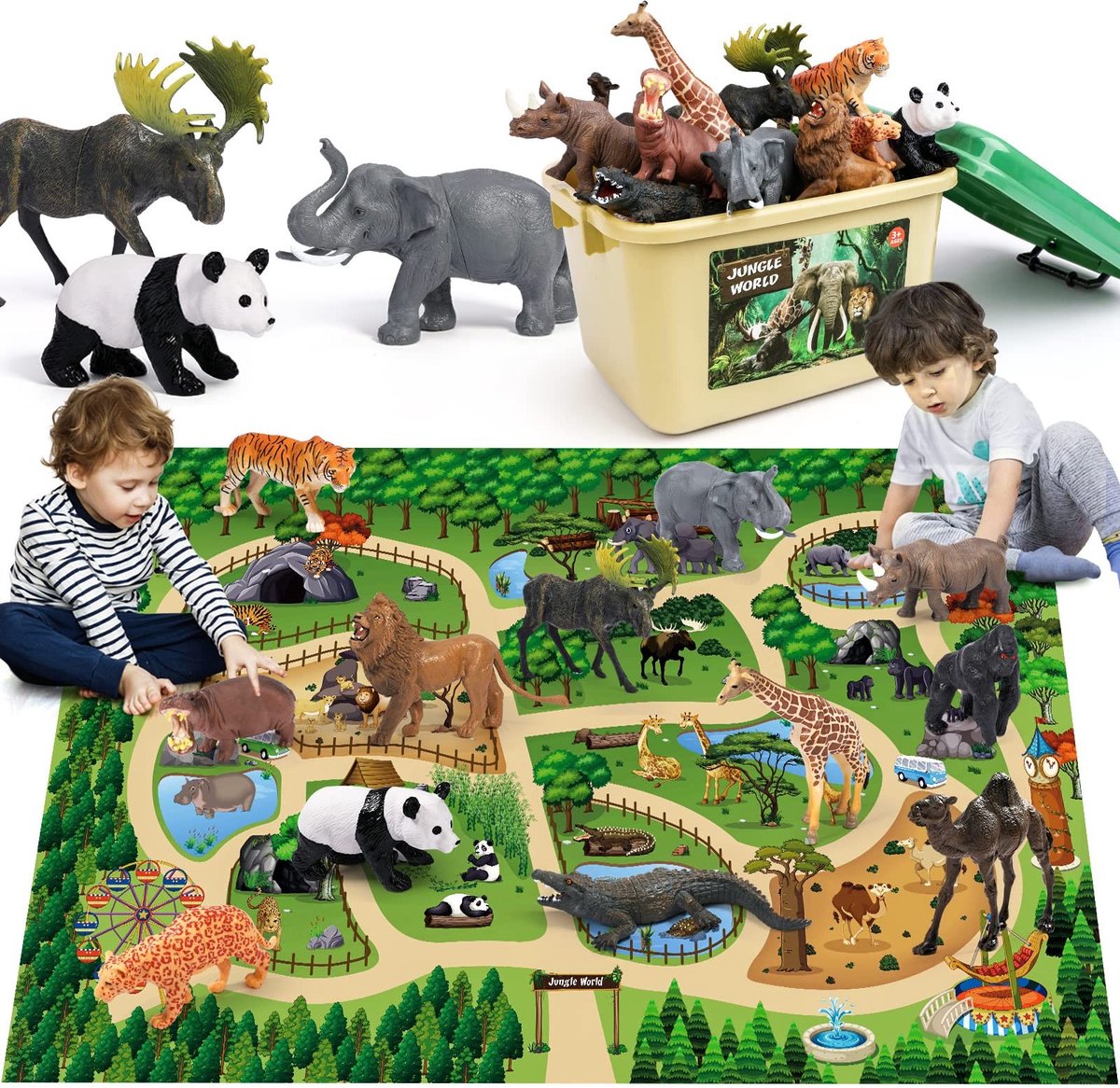 Omgoods- Dierenfiguren Speelgoed 12 Stuks - Speelmat 145x98cm - Educatief Speelgoed - Jungle Dieren - Opbergdoos - Vroeg Onderwijs - Speelgoedset