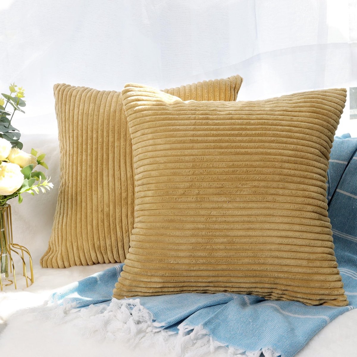 Omgoods - Kussenhoes 60x60cm - Crème Corduroy met Onzichtbare Rits (2 Stuks)