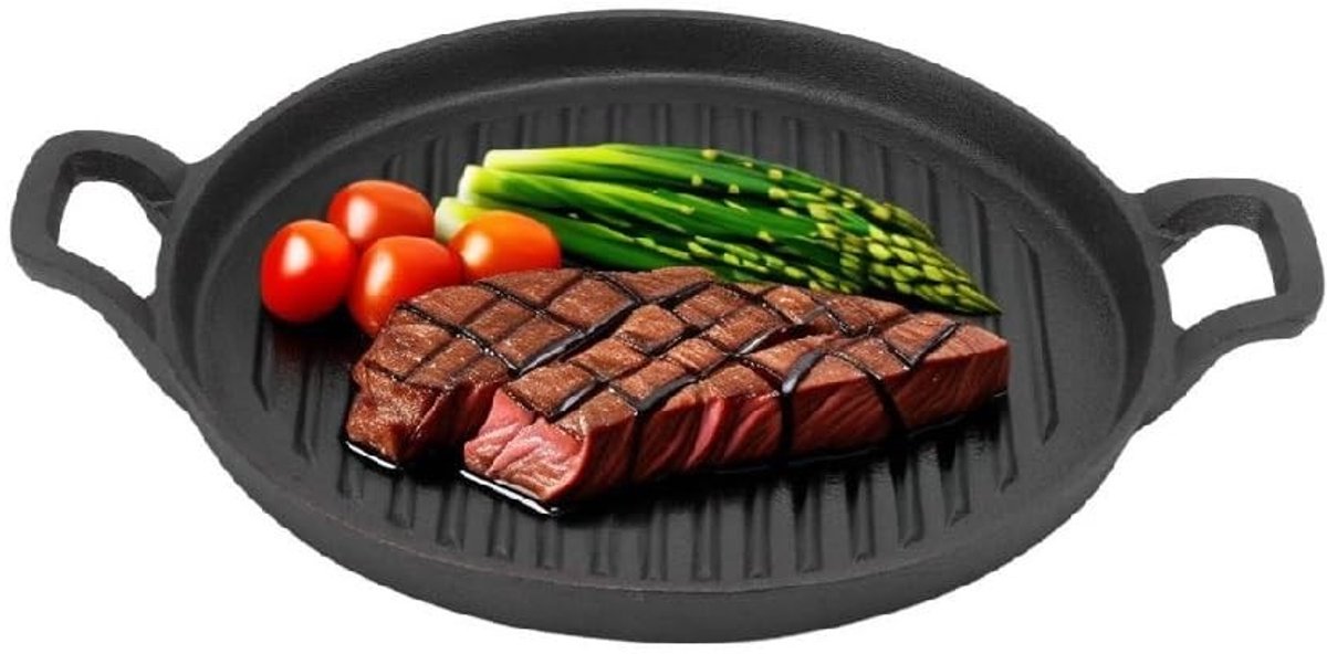 Omgoods - Gietijzeren bakplaat - Antiaanbakpan - Omkeerbaar ontwerp - 24 cm - Geschikt voor gas en elektrisch - Voor grillen en bakken
