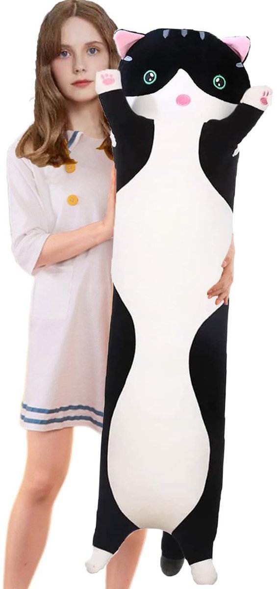 Omgoods - Zachte Knuffel Kat Kussen - 110cm Zwart - Comfortabel Slaapkussen