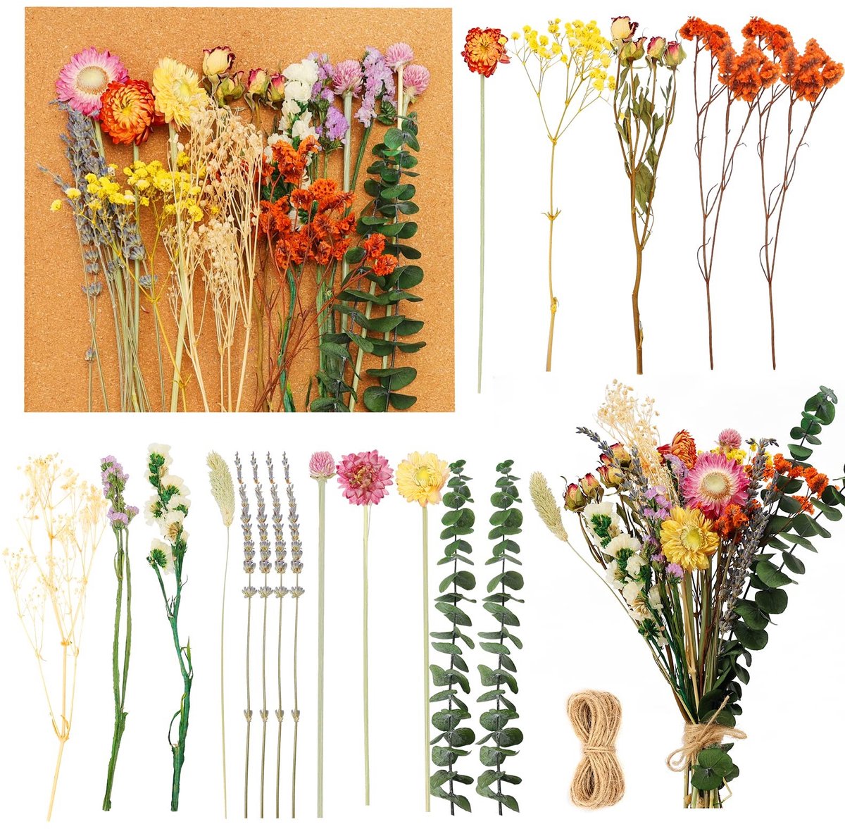 Omgoods- Droogbloemen Boeket - 30 Stuks - 11 Soorten - Decoratie voor Vaas - Kunst/Knutselen - Lichtgewicht - Kleurrijk assortiment - Bloemenmix