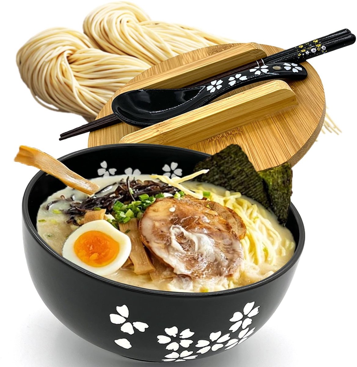 Omgoods - Keramische Ramen Kom Set met Deksel en Lepel