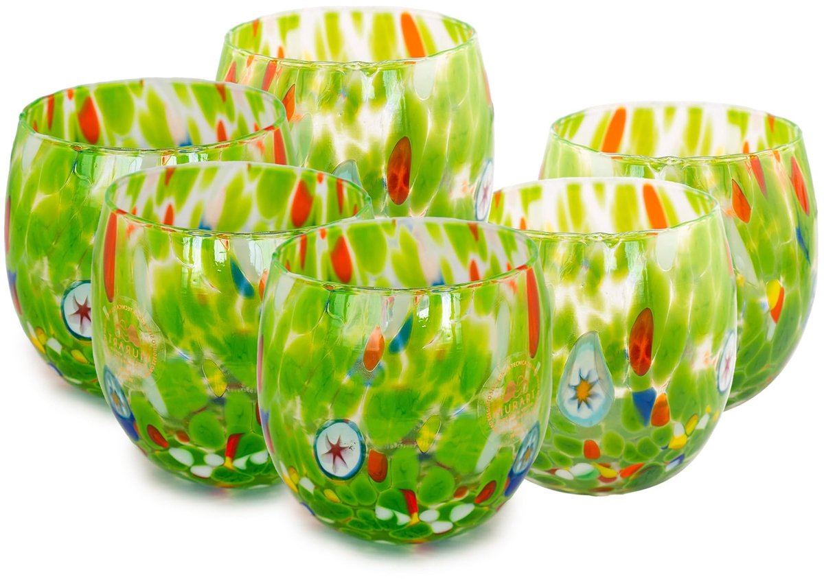 Omgoods - Set van 6 Handgeblazen Murano Glazen 400 ml in Grasgroen
